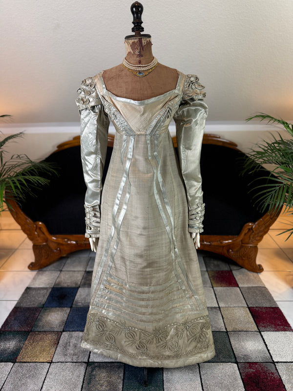 Empire Challis and Blue Satin Evening Gown, ca. 1815