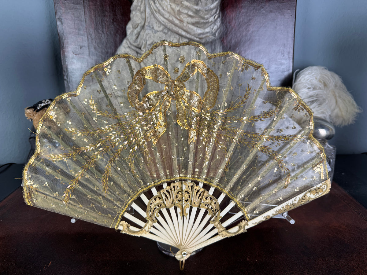 Gold Lace and Sequin Evening Fan ca. 1880 – Antique Victorian Hand Fan
