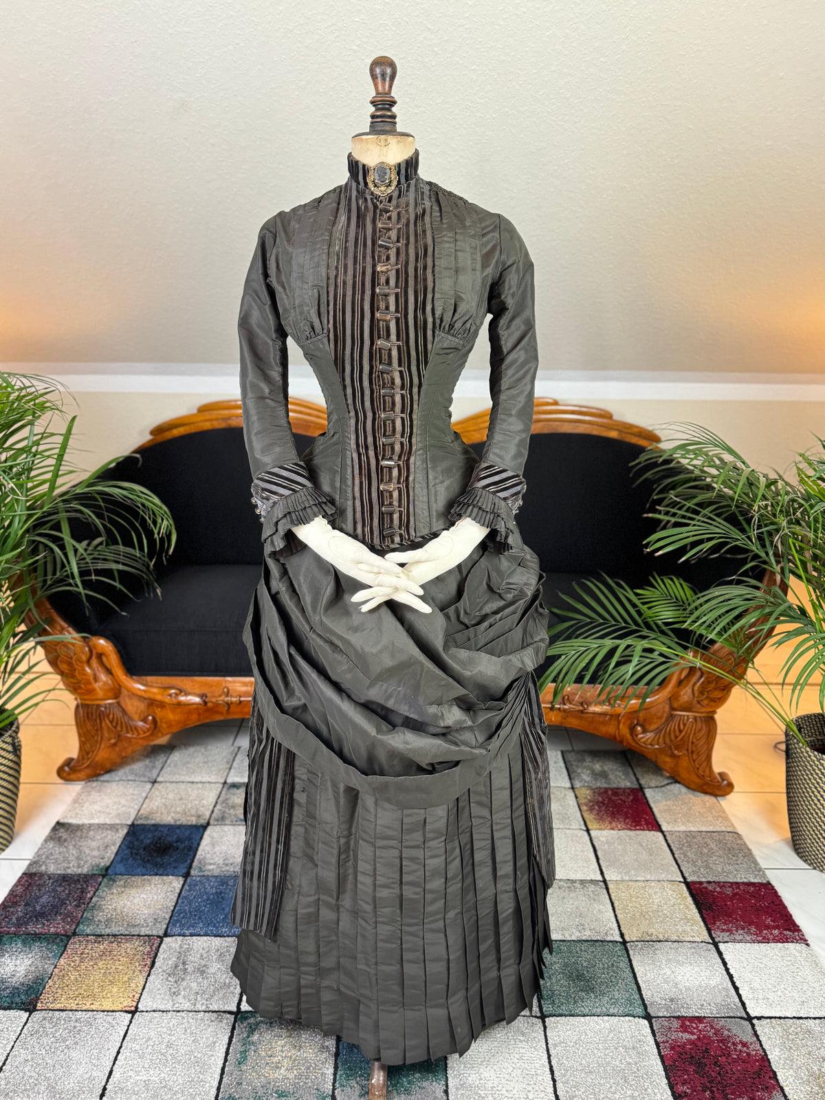 Antique Victorian Bustle Day Dress – American Satin Ensemble circa 1880
