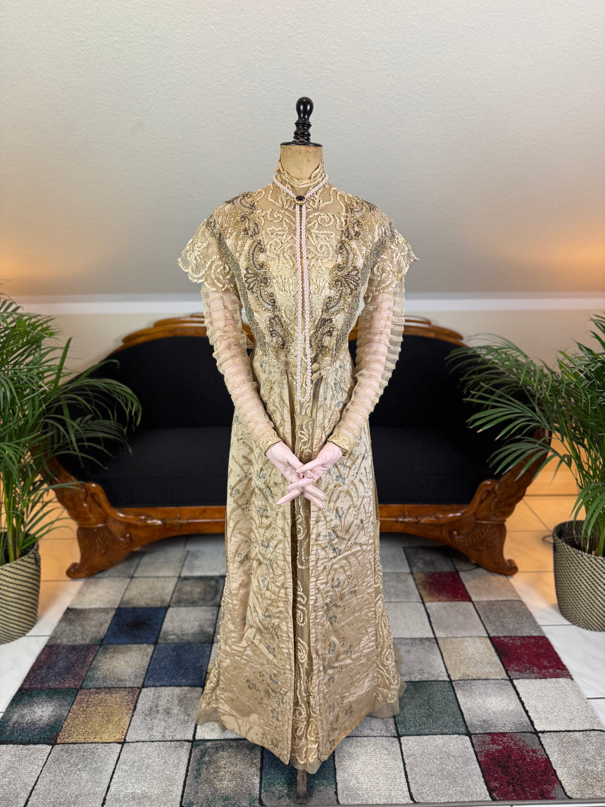 Antique Edwardian Evening Dress ca. 1908 – Painted Silk Panels & Crochet Lace Couture
