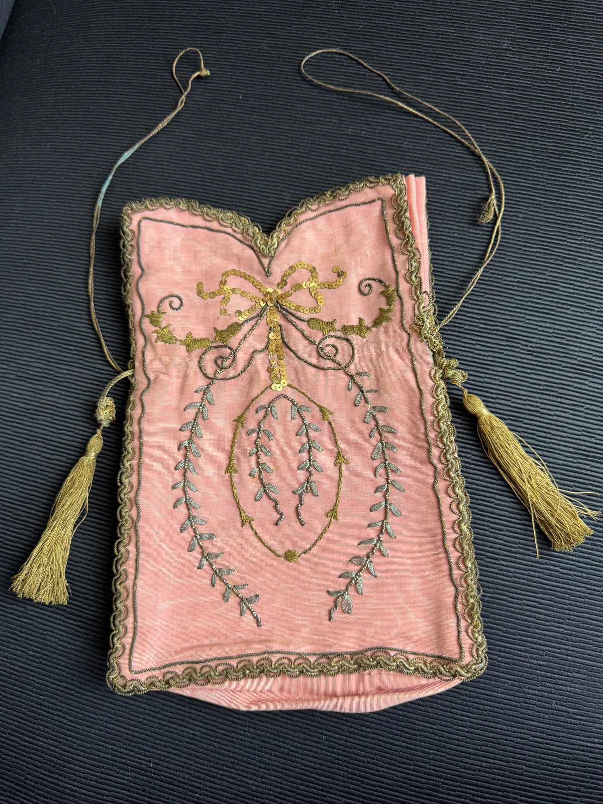 Regency Metalwork Reticule, ca. 1810 – Pink Moiré Grosgrain Bag with Silver & Gold Embroidery