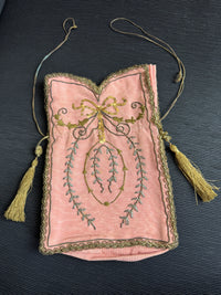 Regency Metalwork Reticule, ca. 1810 – Pink Moiré Grosgrain Bag with Silver & Gold Embroidery