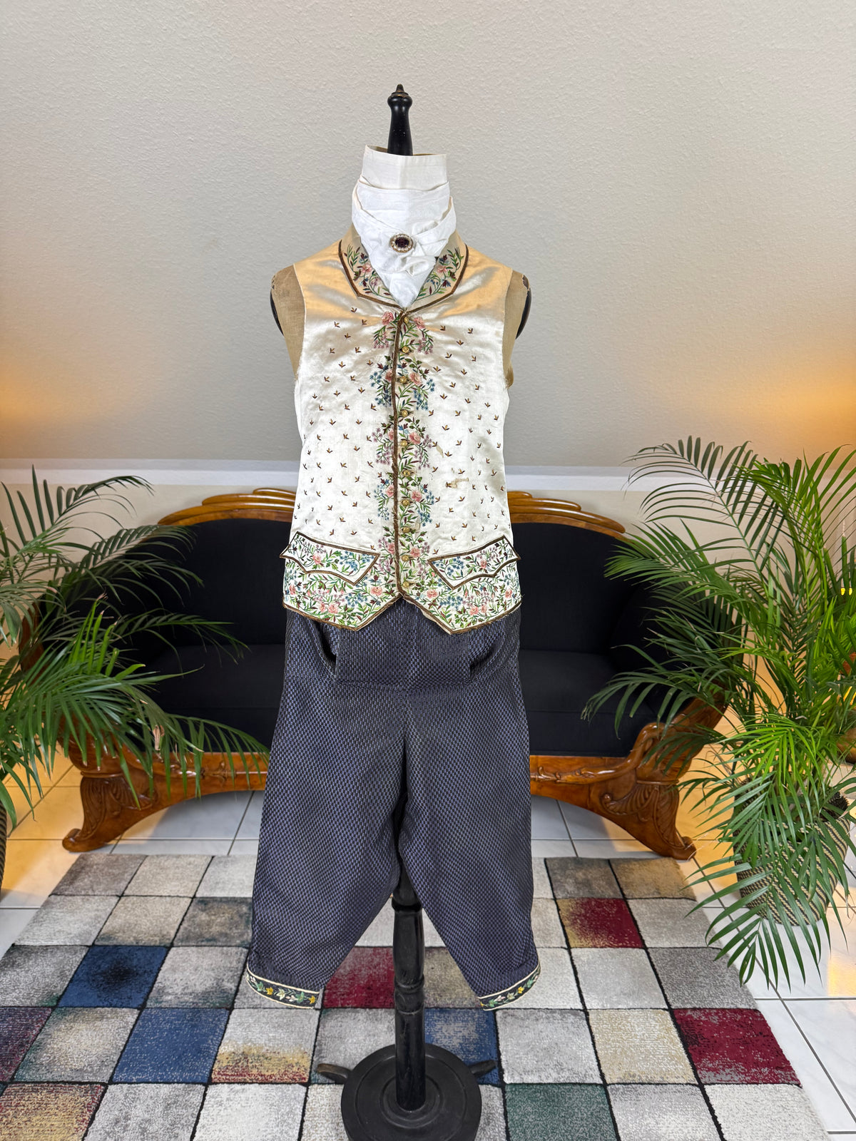 Antique Waistcoat & Blue Silk Knee‑Length Trousers, ca. 1790 – Embroidered Floral Menswear Ensemble