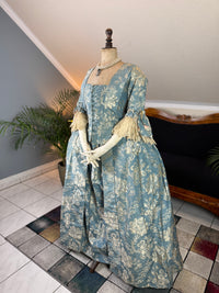 Robe à la Française in blue and cream silk damask – Authentic Eighteenth‑Century Gown, ca. 1770