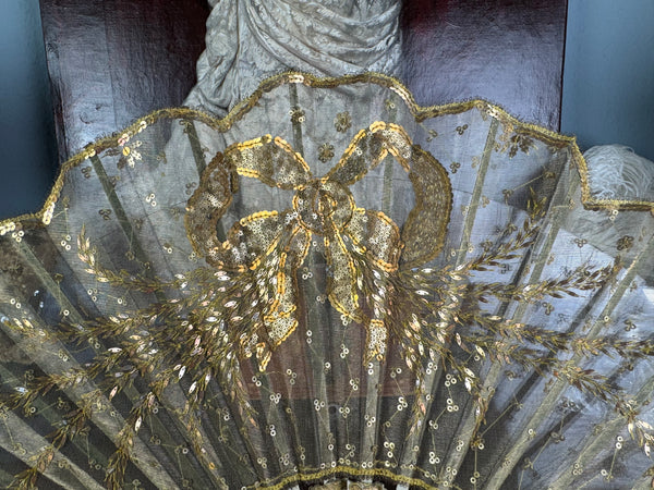 Gold Lace and Sequin Evening Fan ca. 1880 – Antique Victorian Hand Fan
