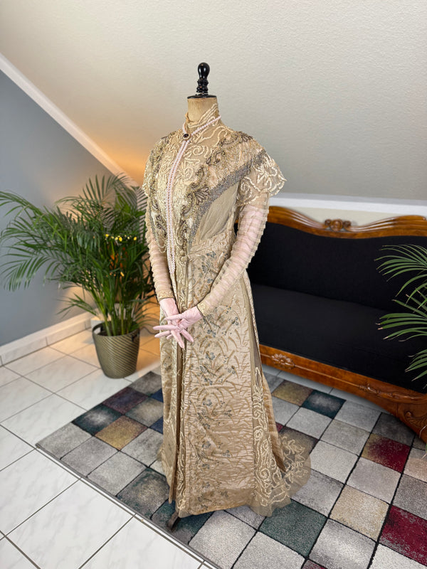 Antique Edwardian Evening Dress ca. 1908 – Painted Silk Panels & Crochet Lace Couture