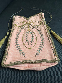 Regency Metalwork Reticule, ca. 1810 – Pink Moiré Grosgrain Bag with Silver & Gold Embroidery