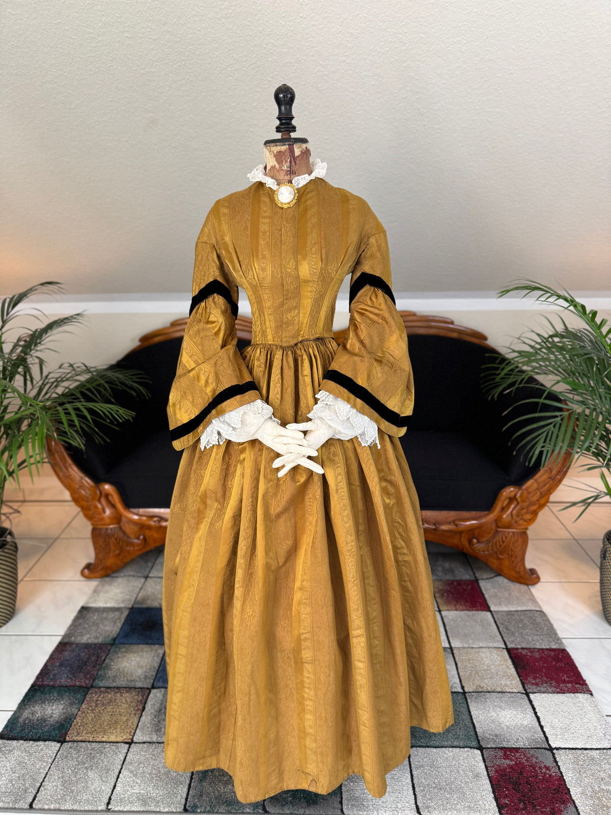 Antique Dark Gold Brocade Victorian Day Dress, ca. 1858 ANTIQUE GOWN Antique Dark Gold Brocade Victorian Day Dress, ca. 1858 ANTIQUE GOWN