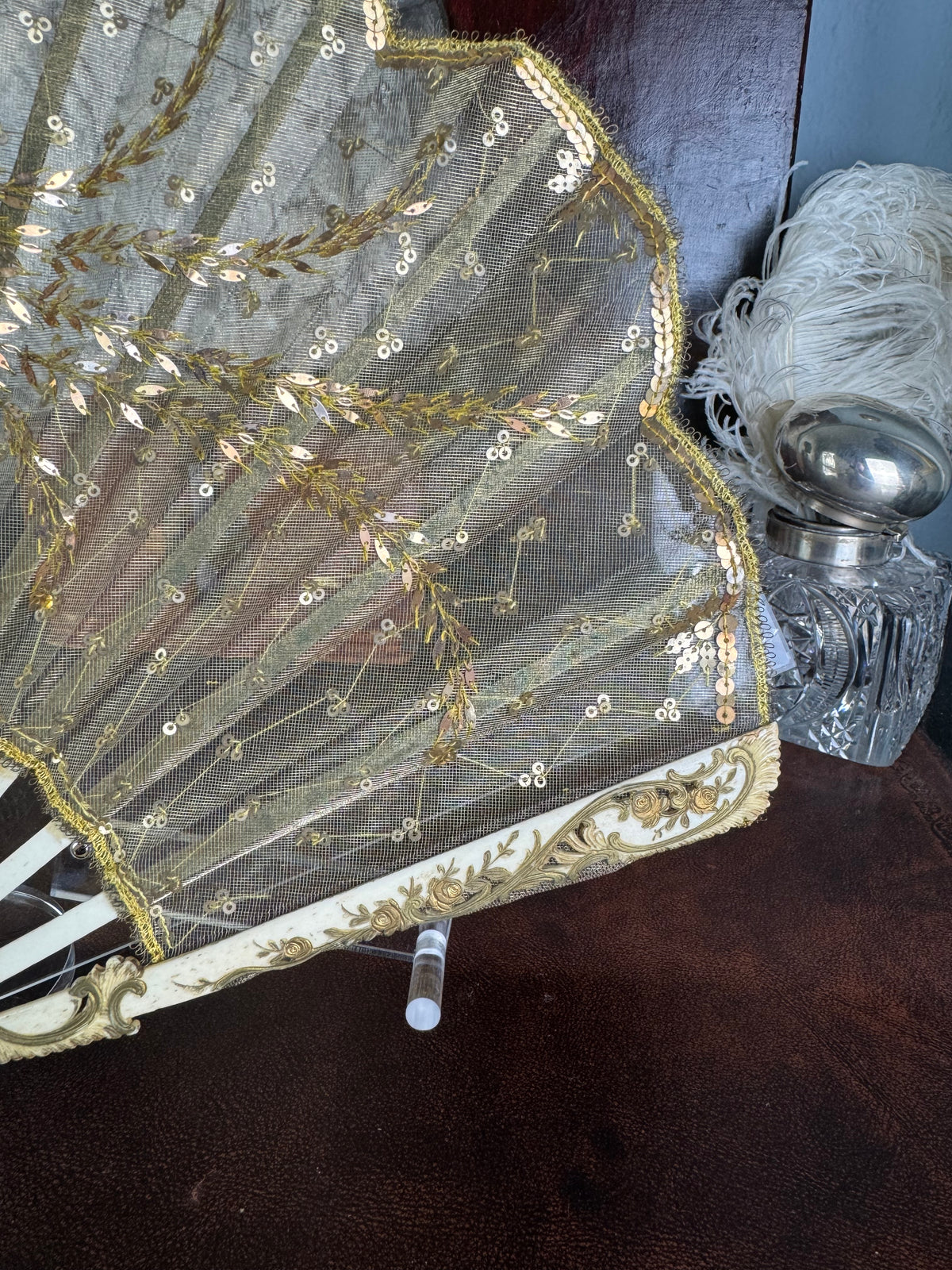 Gold Lace and Sequin Evening Fan ca. 1880 – Antique Victorian Hand Fan