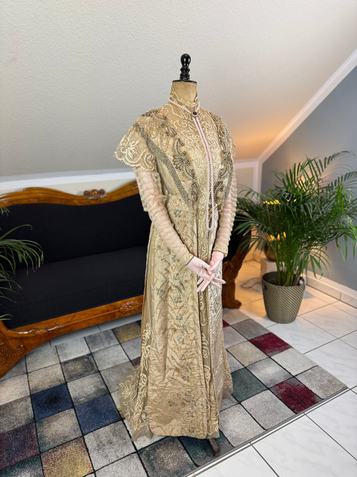 Antique Edwardian Evening Dress ca. 1908 – Painted Silk Panels & Crochet Lace Couture