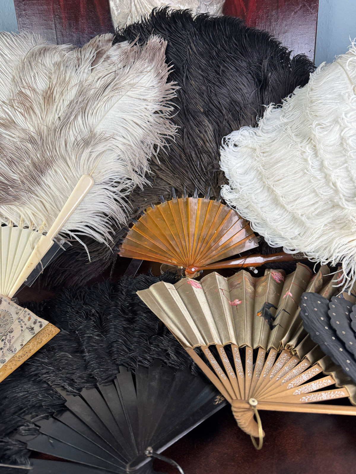 Set of Four Feather Fans and Three Antique Hand Fans – Late 19th to Early 20th Century