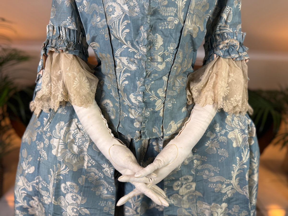 Robe à la Française in blue and cream silk damask – Authentic Eighteenth‑Century Gown, ca. 1770