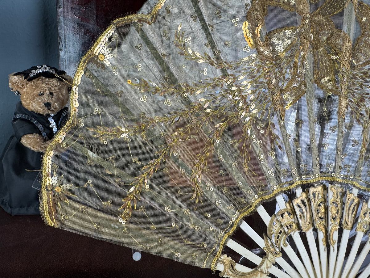Gold Lace and Sequin Evening Fan ca. 1880 – Antique Victorian Hand Fan