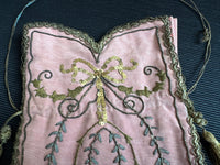 Regency Metalwork Reticule, ca. 1810 – Pink Moiré Grosgrain Bag with Silver & Gold Embroidery