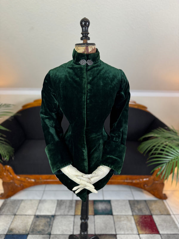 Rare Victorian Riding Jacket, ca. 1878 - Green Velvet, Quilted Silk Lining, Historic Equestrian Fashion