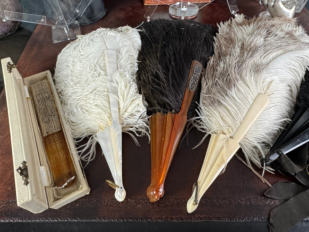 Set of Four Feather Fans and Three Antique Hand Fans – Late 19th to Early 20th Century