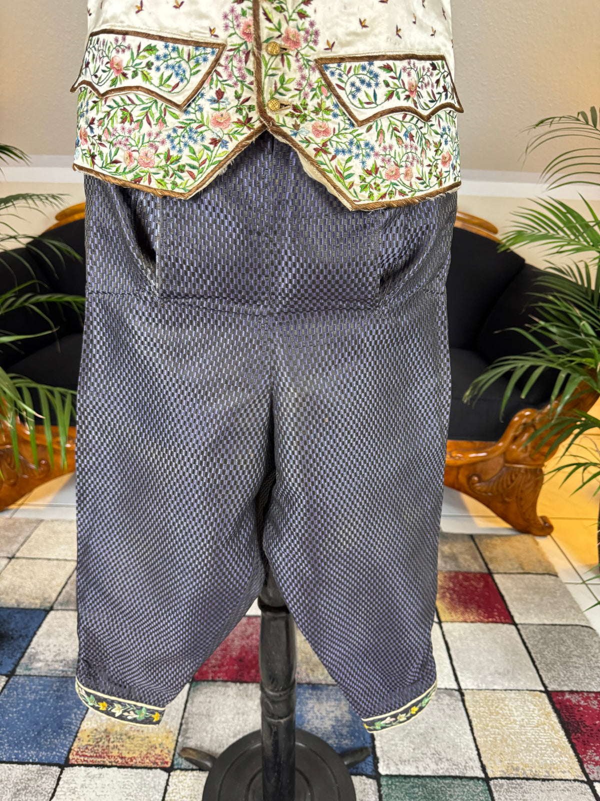 Antique Waistcoat & Blue Silk Knee‑Length Trousers, ca. 1790 – Embroidered Floral Menswear Ensemble