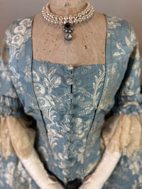 Robe à la Française in blue and cream silk damask – Authentic Eighteenth‑Century Gown, ca. 1770