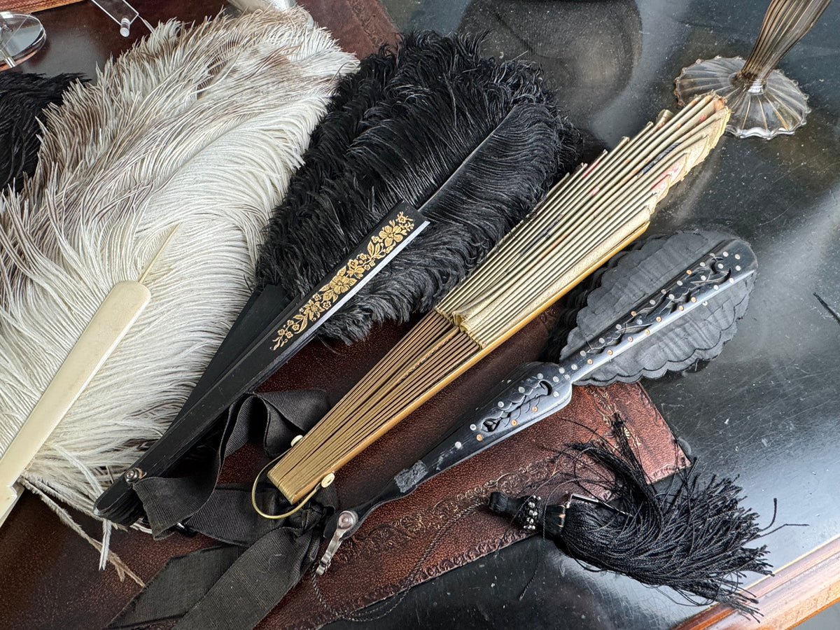 Set of Four Feather Fans and Three Antique Hand Fans – Late 19th to Early 20th Century