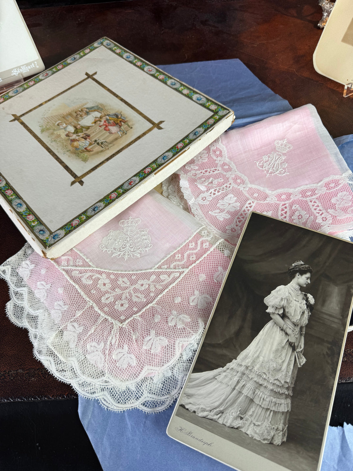 ROYAL Antique Pair of Lace Handkerchiefs with Tuscany–Württemberg Double Coat of Arms from the Wedding Trousseau of Archduchess Maria Immakulata, c. 1900