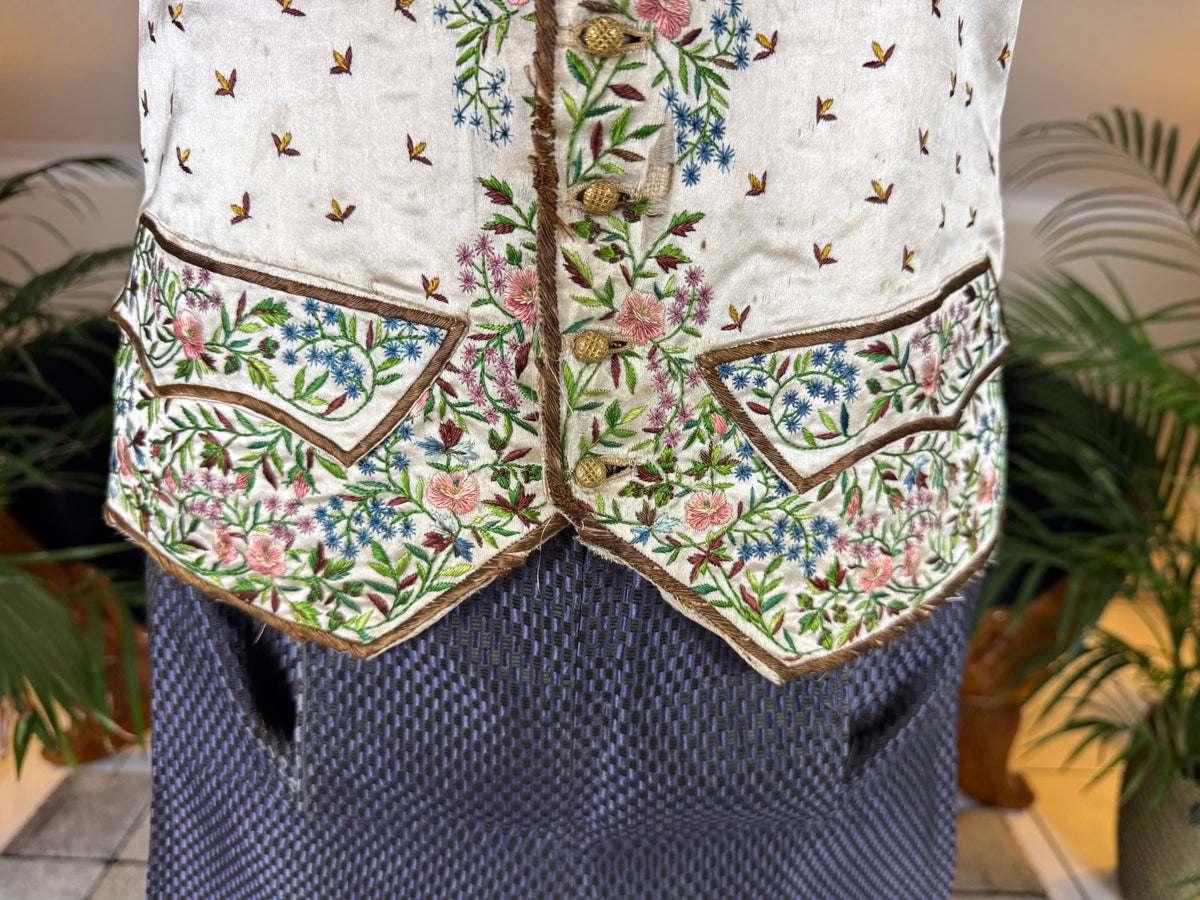 Antique Waistcoat & Blue Silk Knee‑Length Trousers, ca. 1790 – Embroidered Floral Menswear Ensemble