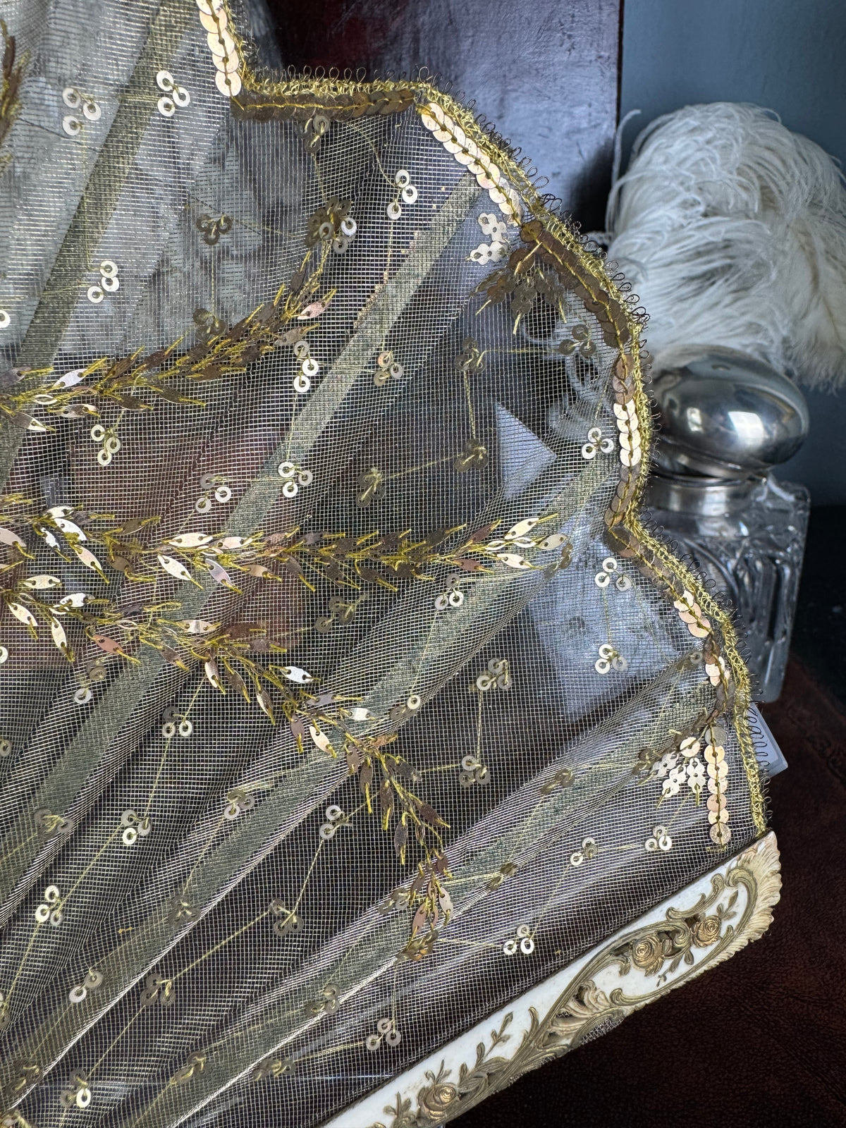 Gold Lace and Sequin Evening Fan ca. 1880 – Antique Victorian Hand Fan