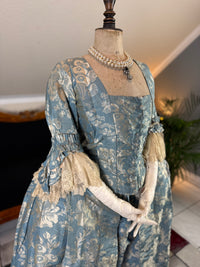 Robe à la Française in blue and cream silk damask – Authentic Eighteenth‑Century Gown, ca. 1770
