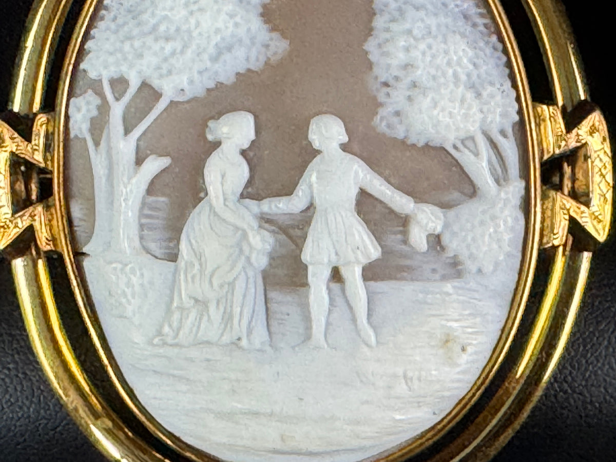 Biedermeier Shell Cameo ca. 1848 – Romantic Lovers in a Park