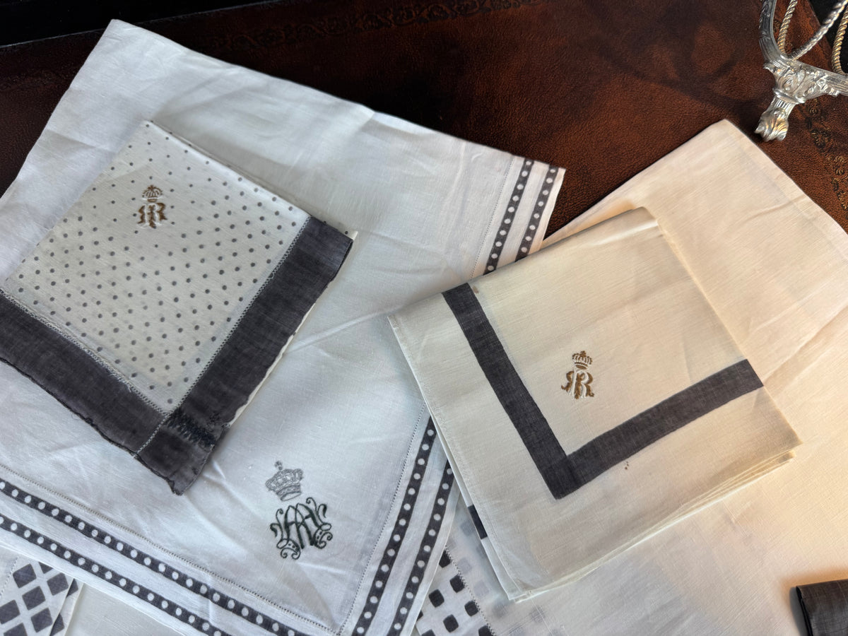 ROYAL Antique Mourning Handkerchief Collection, 19 Pieces with Württemberg Monograms, c. 1900