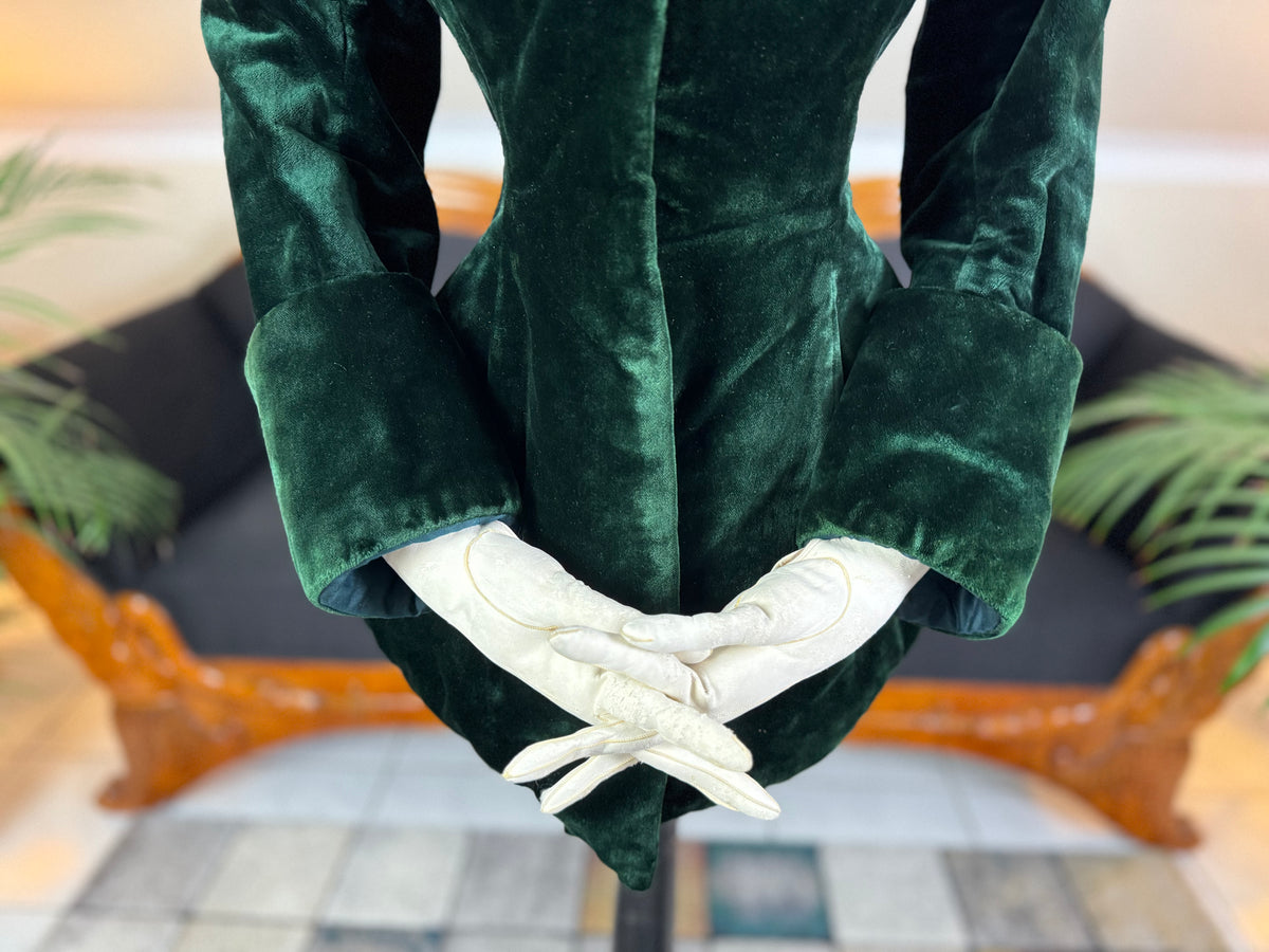 Rare Victorian Riding Jacket, ca. 1878 - Green Velvet, Quilted Silk Lining, Historic Equestrian Fashion