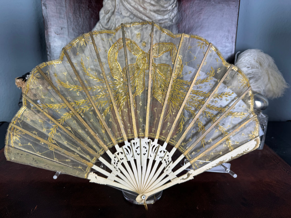 Gold Lace and Sequin Evening Fan ca. 1880 – Antique Victorian Hand Fan