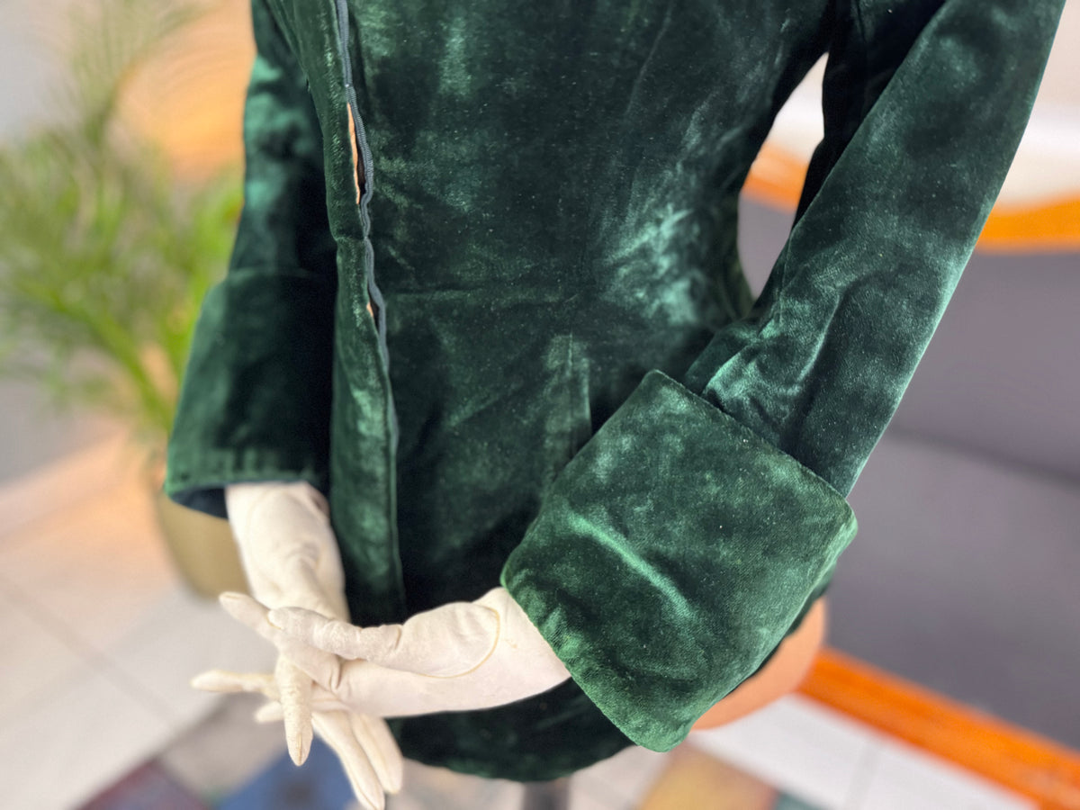 Rare Victorian Riding Jacket, ca. 1878 - Green Velvet, Quilted Silk Lining, Historic Equestrian Fashion
