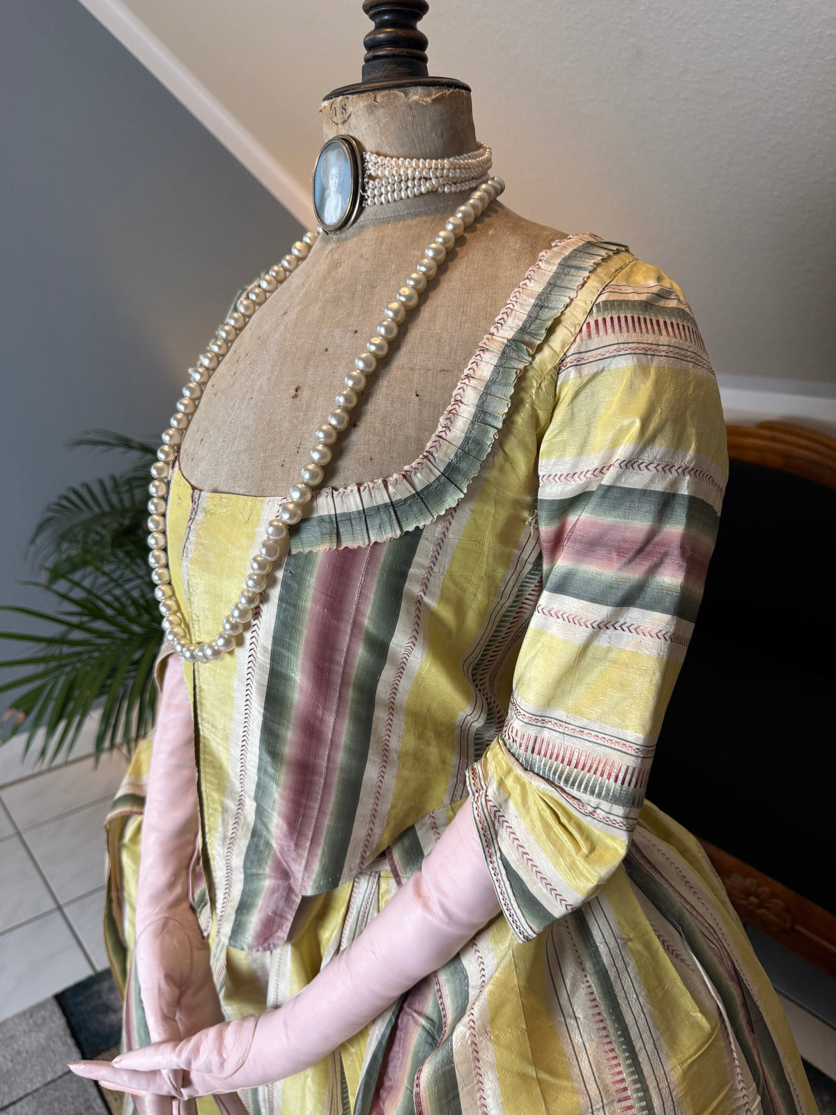 A Yellow, Green and Pink Striped Silk Taffeta Robe à l’Anglaise, ca. 1770