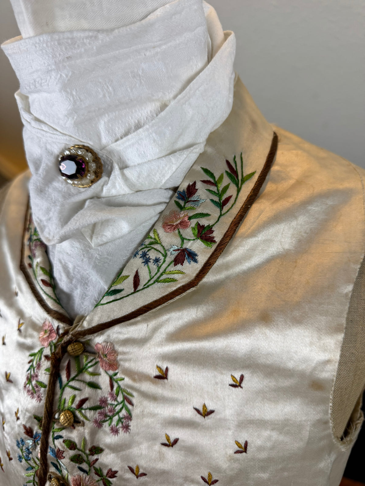 Antique Waistcoat & Blue Silk Knee‑Length Trousers, ca. 1790 – Embroidered Floral Menswear Ensemble