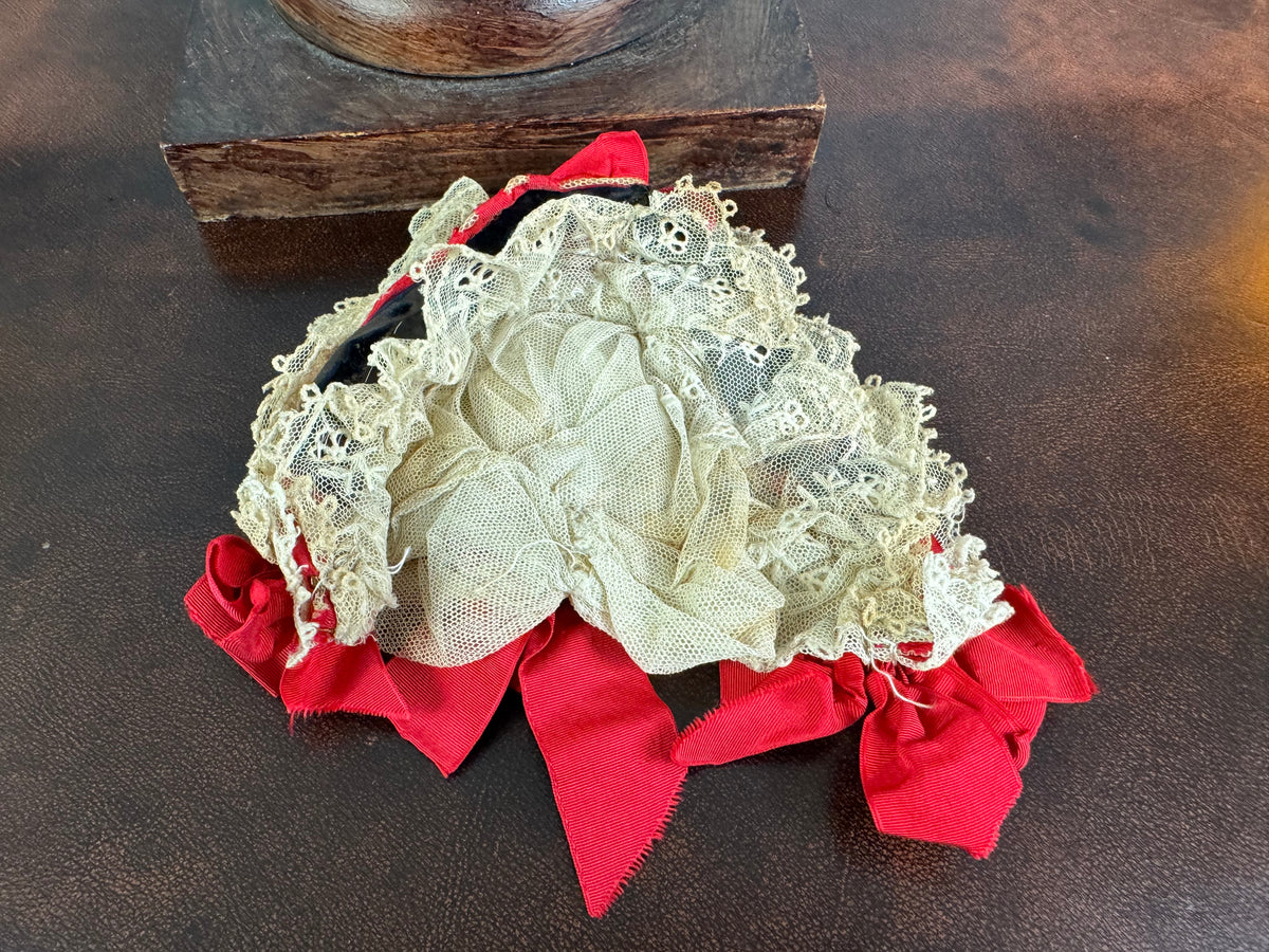 Victorian Lace Bonnet with Red Ribbons, England, ca. 1870