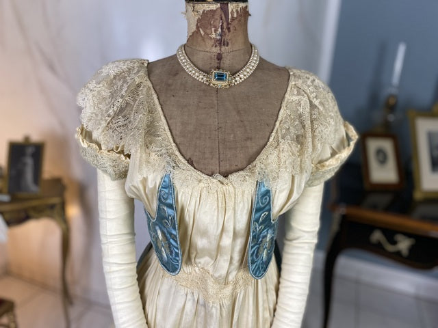 Chantilly & Sky Blue Satin Evening Dress, ca. 1914