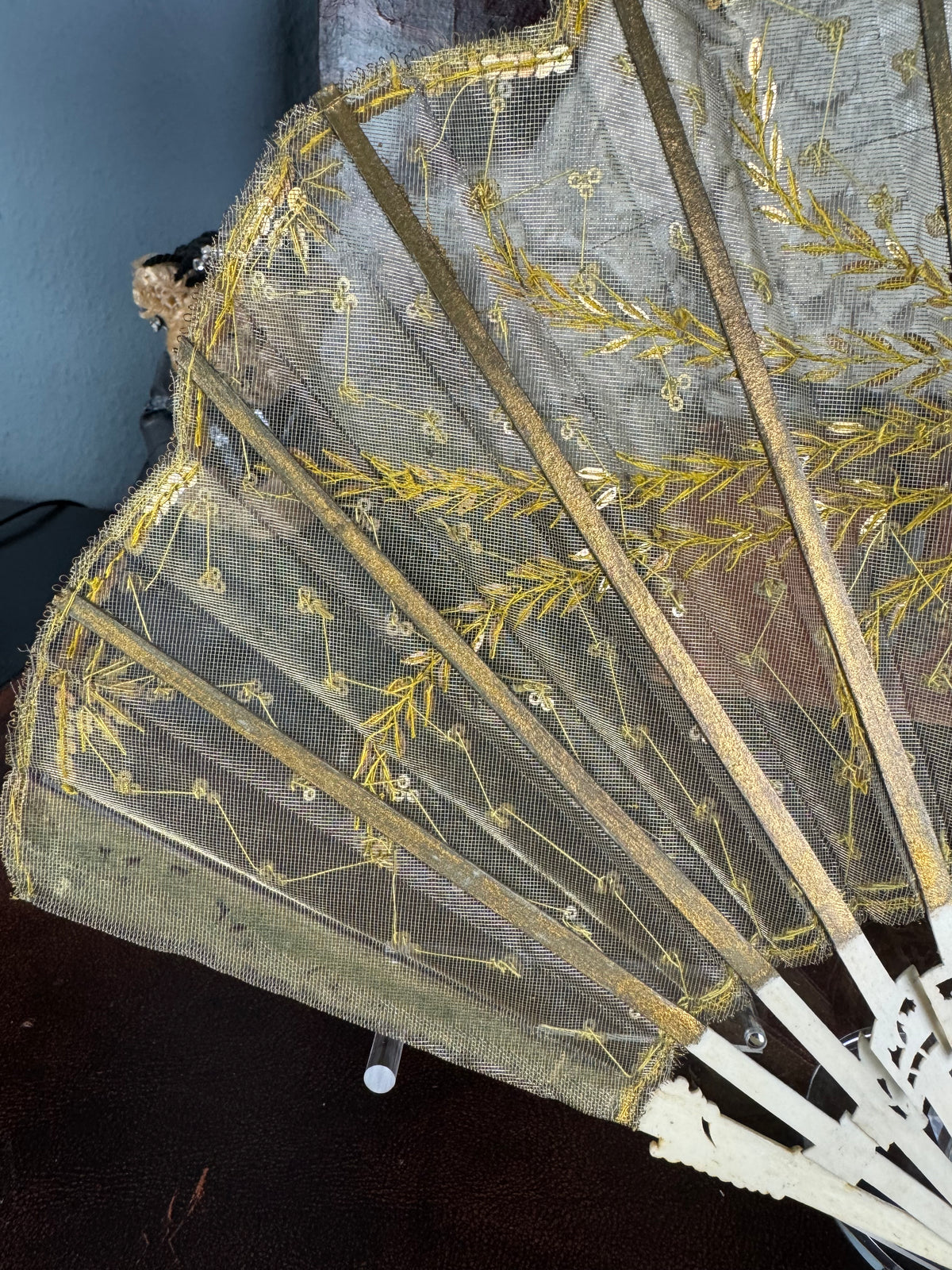 Gold Lace and Sequin Evening Fan ca. 1880 – Antique Victorian Hand Fan