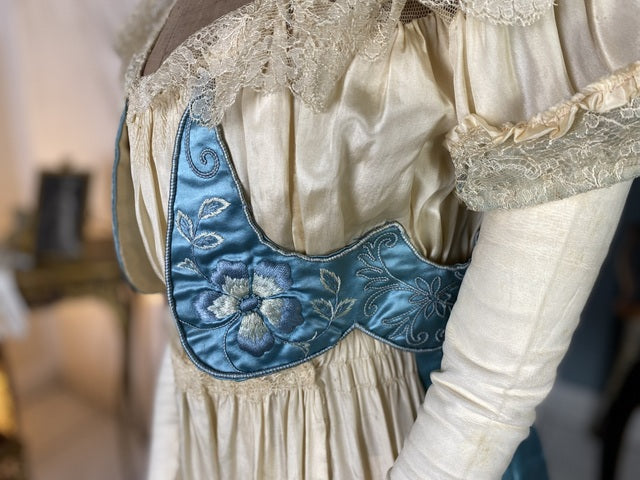 Chantilly & Sky Blue Satin Evening Dress, ca. 1914