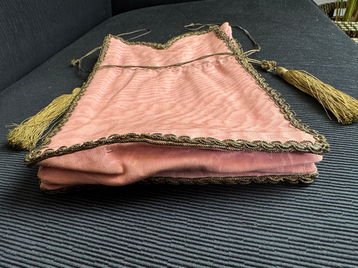Regency Metalwork Reticule, ca. 1810 – Pink Moiré Grosgrain Bag with Silver & Gold Embroidery