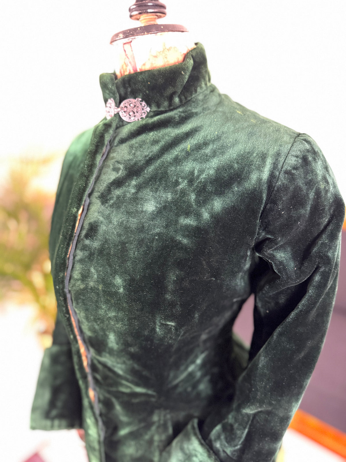 Rare Victorian Riding Jacket, ca. 1878 - Green Velvet, Quilted Silk Lining, Historic Equestrian Fashion