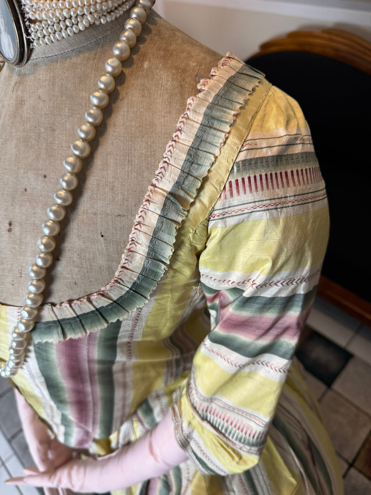 A Yellow, Green and Pink Striped Silk Taffeta Robe à l’Anglaise, ca. 1770