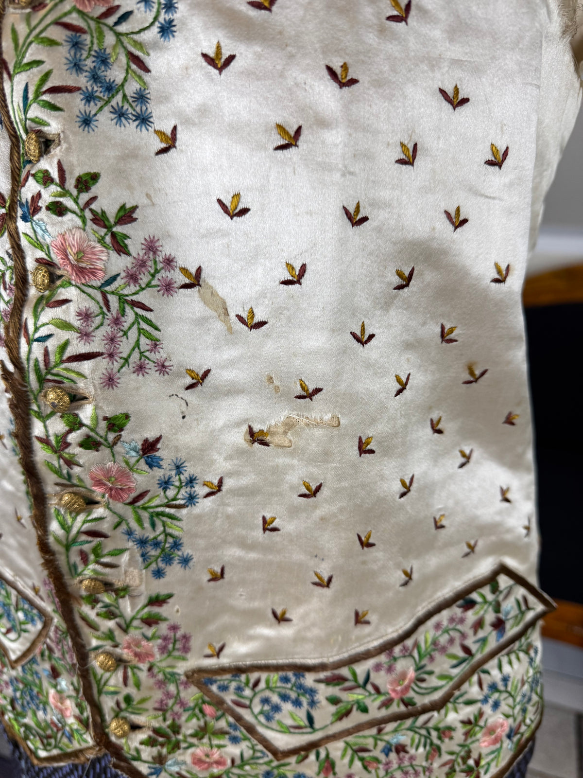 Antique Waistcoat & Blue Silk Knee‑Length Trousers, ca. 1790 – Embroidered Floral Menswear Ensemble