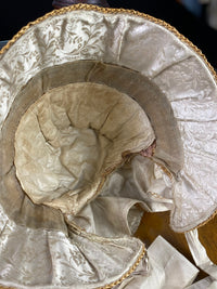 Antique crinoline-period garment from 1849 made of wire, straw, silk ribbons and damask lining in excellent condition
