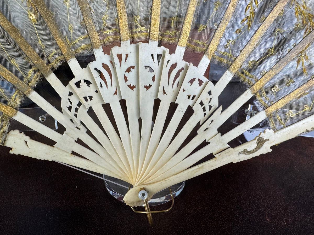 Gold Lace and Sequin Evening Fan ca. 1880 – Antique Victorian Hand Fan