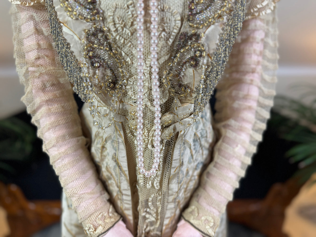 Antique Edwardian Evening Dress ca. 1908 – Painted Silk Panels & Crochet Lace Couture