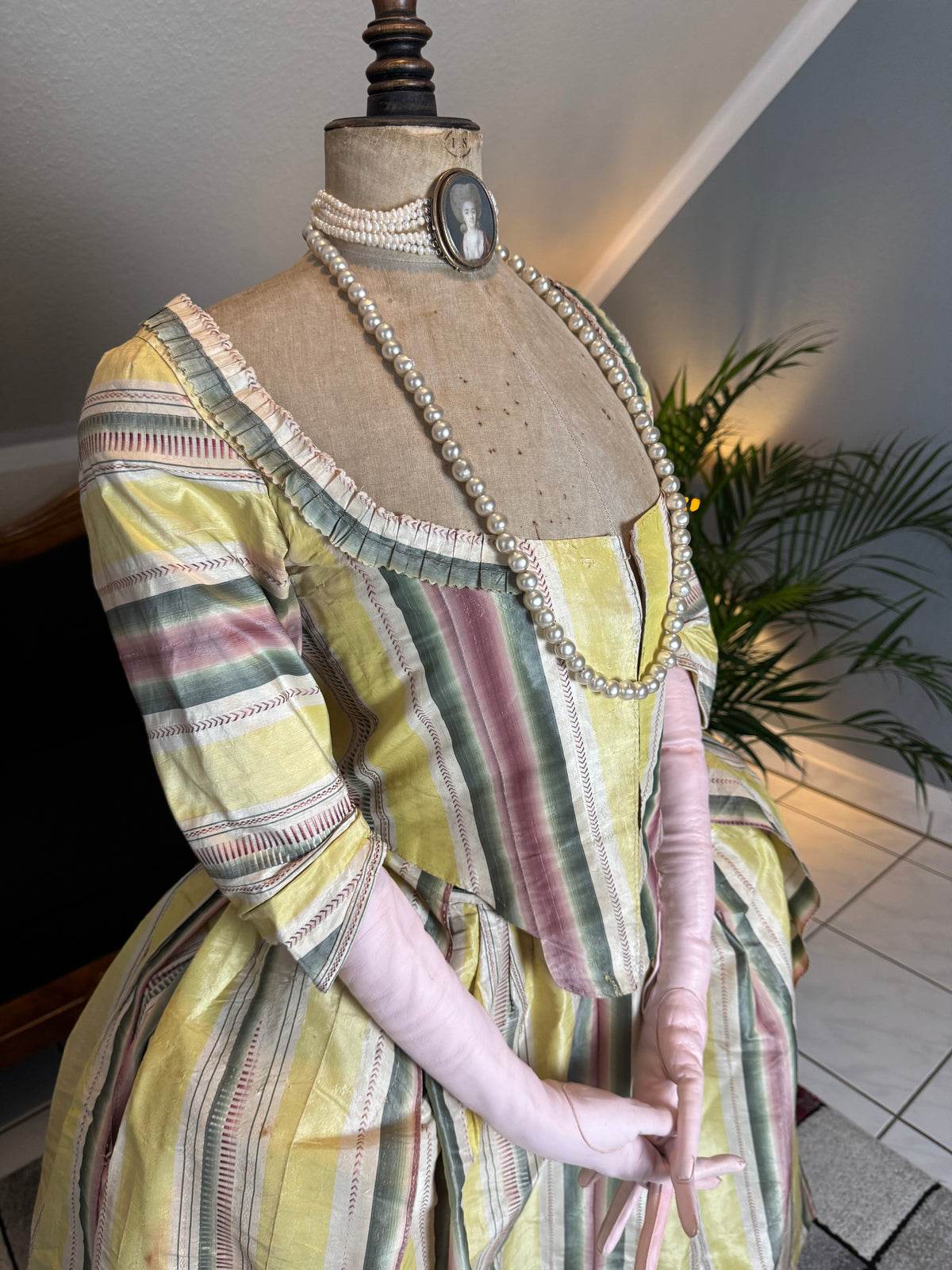 A Yellow, Green and Pink Striped Silk Taffeta Robe à l’Anglaise, ca. 1770