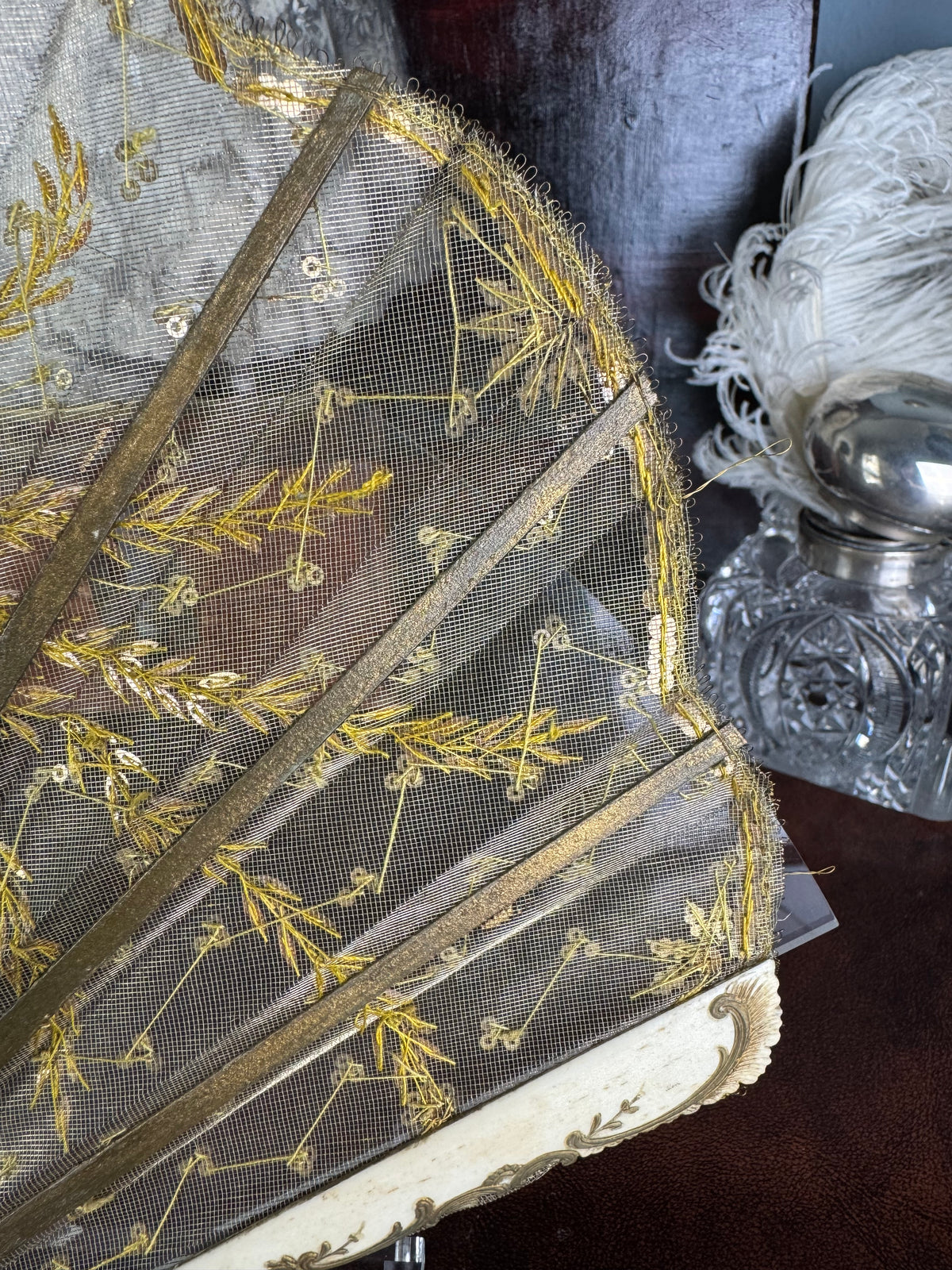 Gold Lace and Sequin Evening Fan ca. 1880 – Antique Victorian Hand Fan