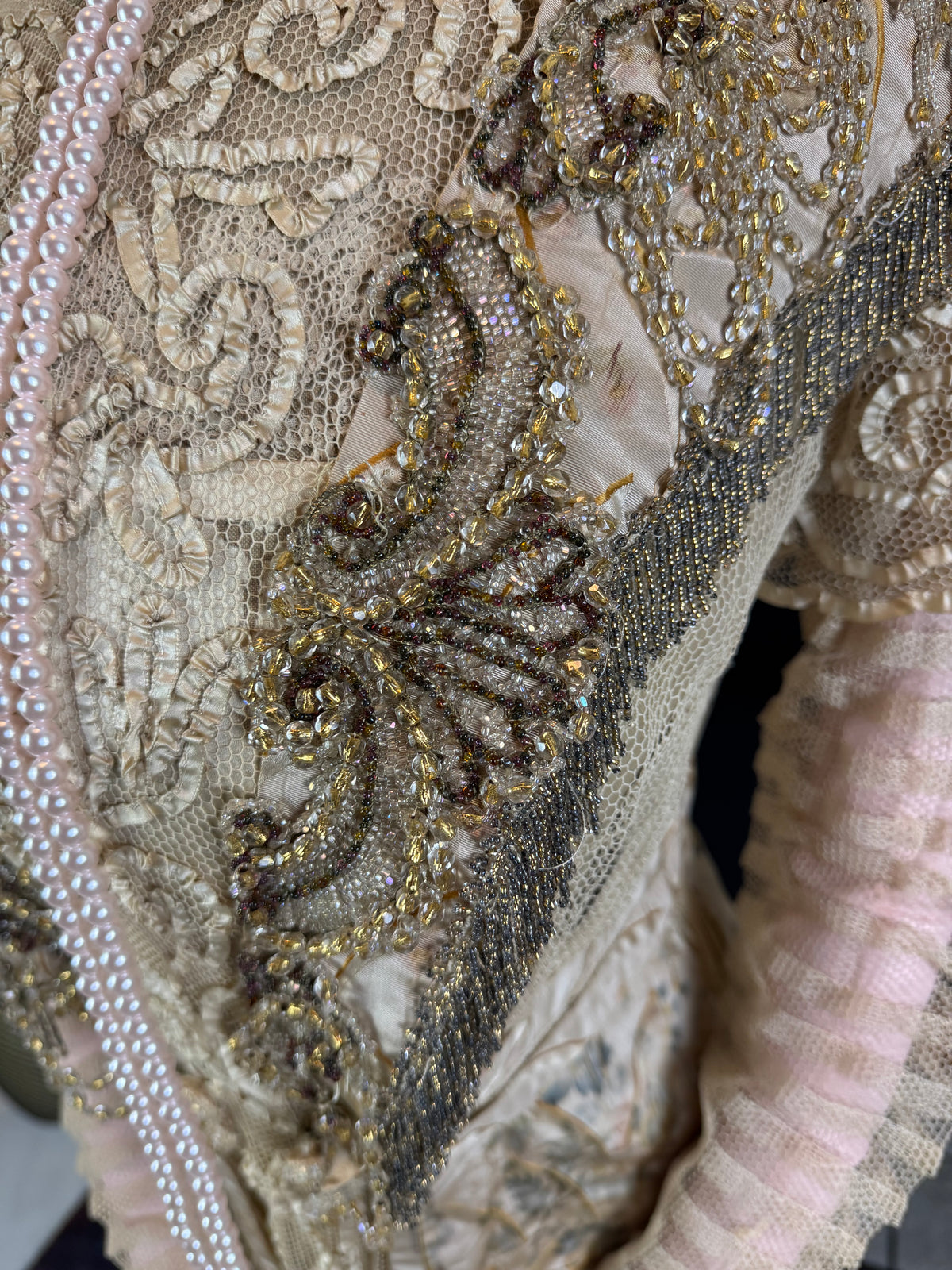 Antique Edwardian Evening Dress ca. 1908 – Painted Silk Panels & Crochet Lace Couture
