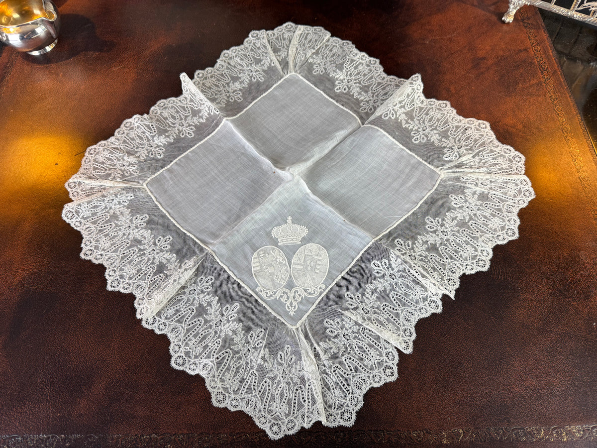 ROYAL Antique Lace Handkerchief, Austria‑Tuscany and Bourbon‑Sicily Coats of Arms, ca. 1861