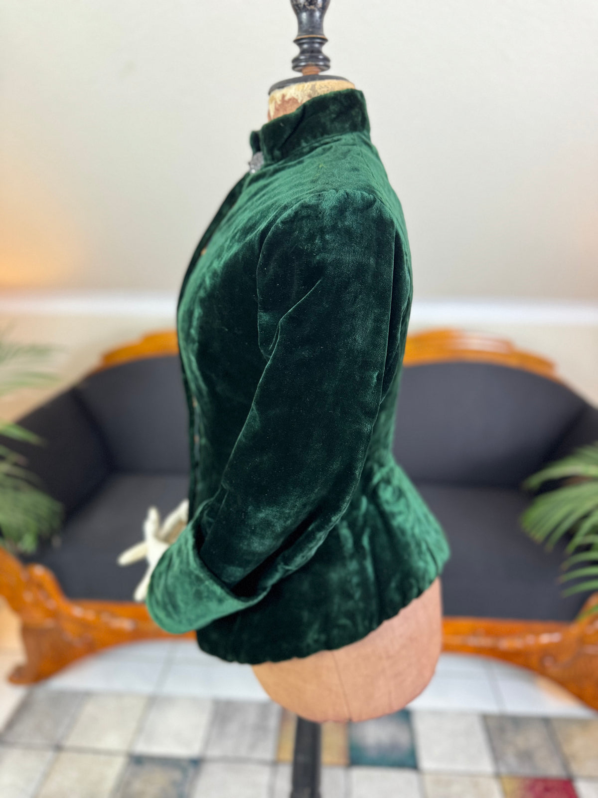 Rare Victorian Riding Jacket, ca. 1878 - Green Velvet, Quilted Silk Lining, Historic Equestrian Fashion